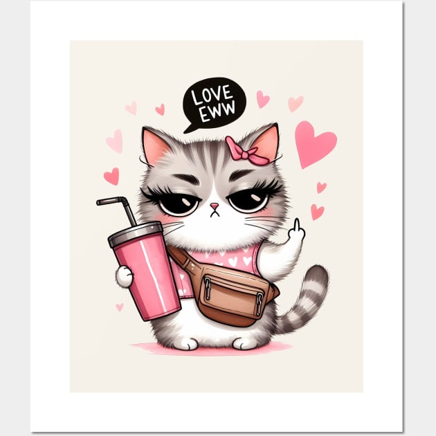 Love Eww Funny Cat Anti Valentines Day Wall Art by Nessanya